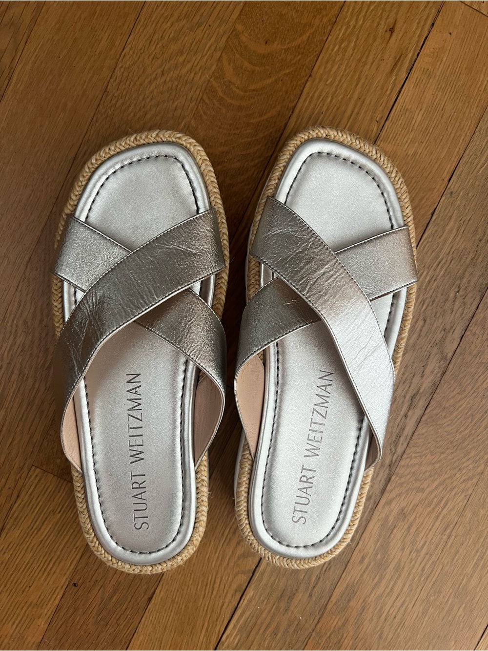 STUART WEITZMAN ROZA LIFT SLIDE SANDAL ESPADRILLE CRISS CROSS SILVER SIZE 8